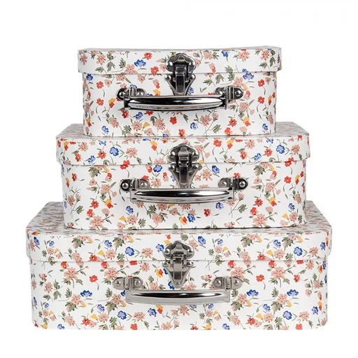 3ks bílý papírový kufřík s jemnými květy - 30*22*9/ 25*20*9/ 20*17*8 cm Clayre & Eef