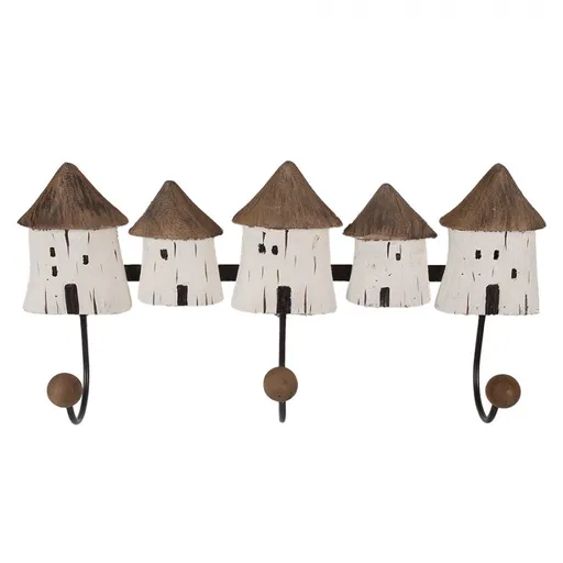 Nástěnný věšák se 3-mi háčky a dřevěnými domečky Rustic - 38*8*19 cm Clayre & Eef