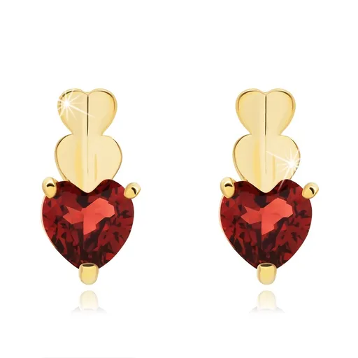 Zlaté 14K náušnice tři srdce, přírodní granát