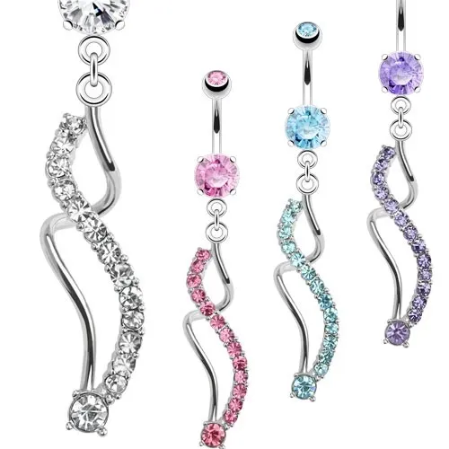 Piercing do bříška z oceli 316L stříbrné barvy, asymetricky zvlněné linie - Barva zirkonu: Aqua modrá - Q