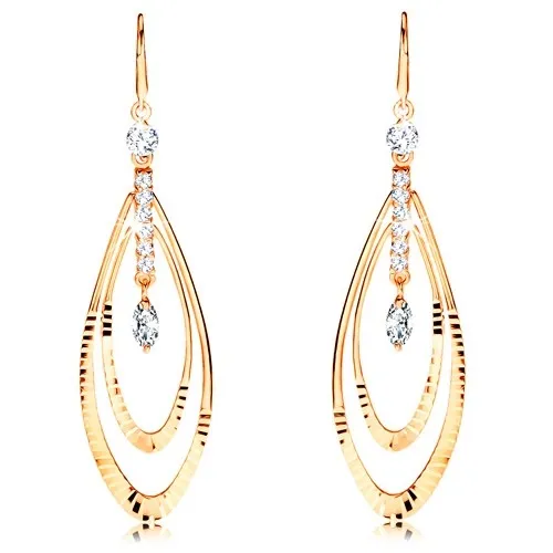 Náušnice ze žlutého 14K zlata - svislá linie čirých zirkonů, dvojitý obrys slzy