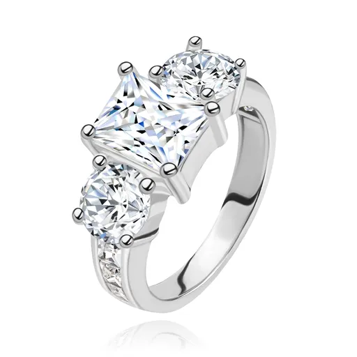 Zásnubní prsten ze stříbra 925, tři velké zirkony čiré barvy, zdobená ramena - Velikost: 48