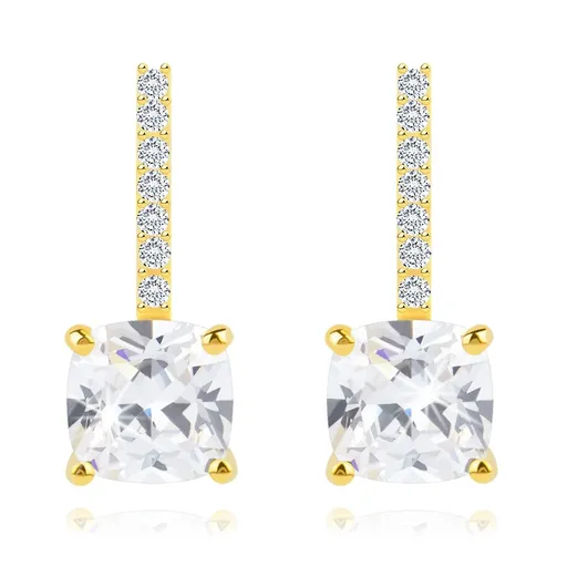 Stříbrné náušnice 925 - zlatá barva, velký zirkon v misce, pásek se zirkony, puzetky