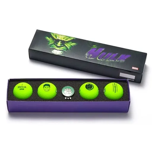 VOLVIK GB MARVEL HULK SET 4 BALLS + 1 BALLMARKER Golfové míčky, reflexní neon, velikost