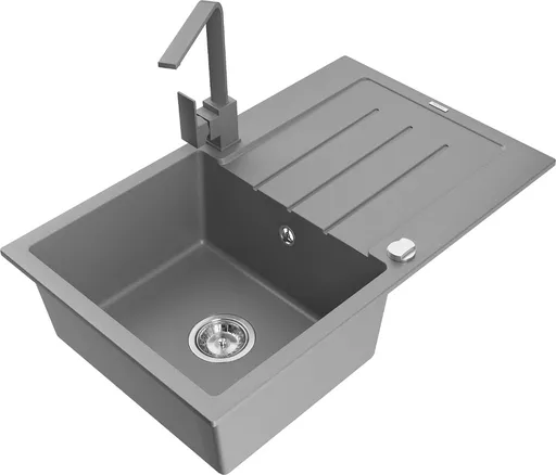 MEXEN/S Bruno granitový dřez 1-miska s odkapávačem včetně baterie Rita, šedý 6513-71-670300-71