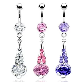 Ocelový piercing do pupíku, trojúhelník vykládaný zirkony, oválný kamínek - Barva piercing: Růžová
