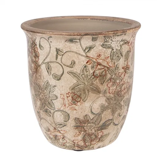 Béžový keramický obal na květináč s květy Margaus S - Ø 13*13 cm 6CE2415S