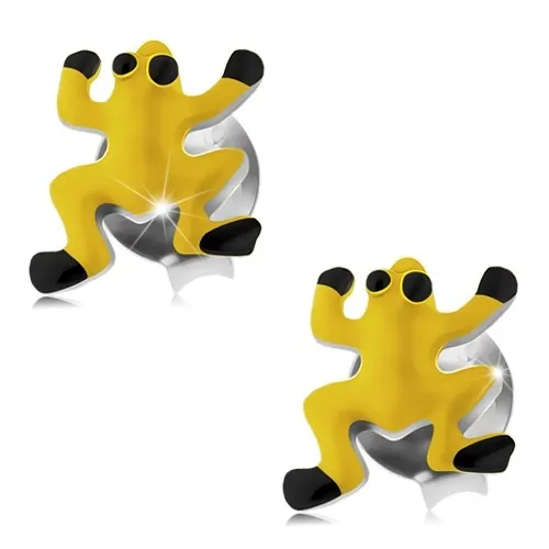 Náušnice ze stříbra 925, žlutá glazovaná žabka, černé oči a nožky