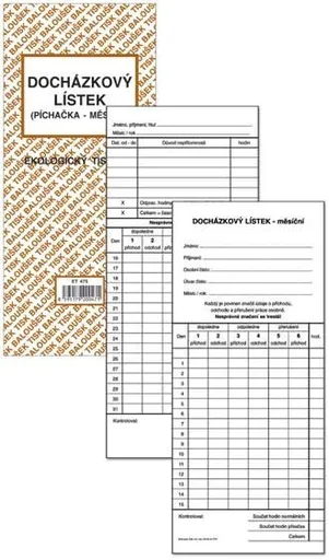 Tiskopis Docházkový lístek píchačka 1/3 A4 10 listů BALOUŠEK