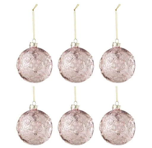6ks růžová vánoční skleněná ozdoba s růžemi a třpytkami S - Ø 8 cm J-Line by Jolipa