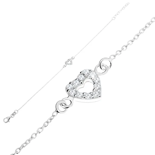 Stříbrný 925 náramek, jemný řetízek, zirkonový obrys srdce, nastavitelný