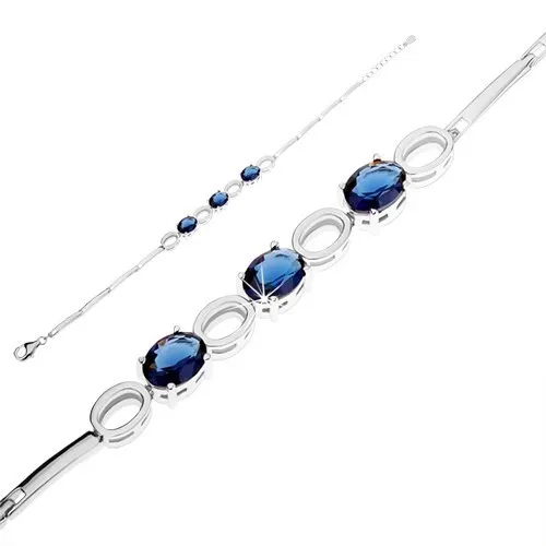 Náramek ze stříbra 925, zirkonové ovály modré barvy, lesklé oválné kontury