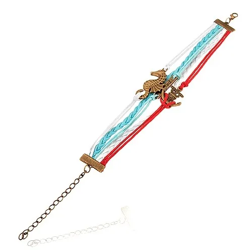 Šňůrkový náramek - červená, bílá a světle modrá barva, mořský koník, kotva