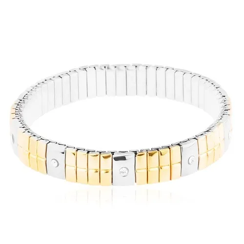 Náramek z oceli 316L, dvoubarevný, úzké a širší obdélníky, zirkony, zářez