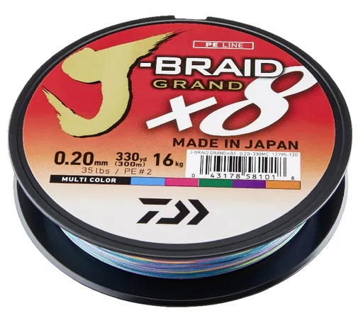 Daiwa splétaná šňůra j-braid 8 grand mutlibarva 150 m-průměr 0,20 mm / nosnost 16 kg