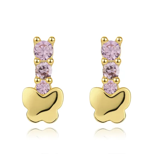 Zlaté náušnice 14K motýl a růžový zirkon v řadě