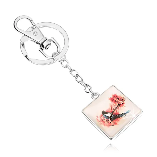 Přívěsek na klíče ve stylu kabošon, čtverec, vypouklé sklo, pták na stromě