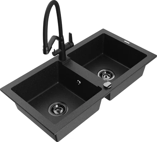 MEXEN/S Mario granitový dřez 2-bowly včetně baterie Duo, černá/stříbrná metalik 6504-73-671701-70-B