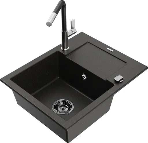 MEXEN/S Enzo granitový dřez 1-miska s odkapávačem včetně baterie Flora, černá/zlatá metalik 6506-75-670401-07-B
