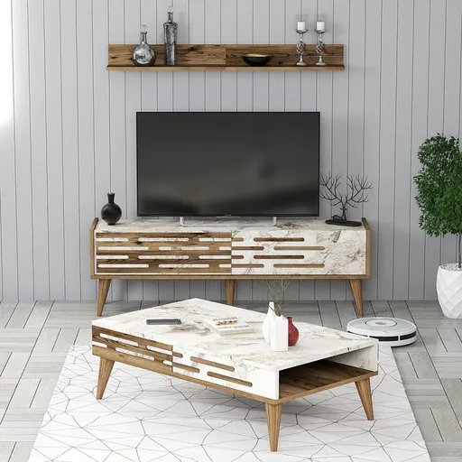 Living Room Furniture Set Valensiya 140 - Walnut, White, Marble
