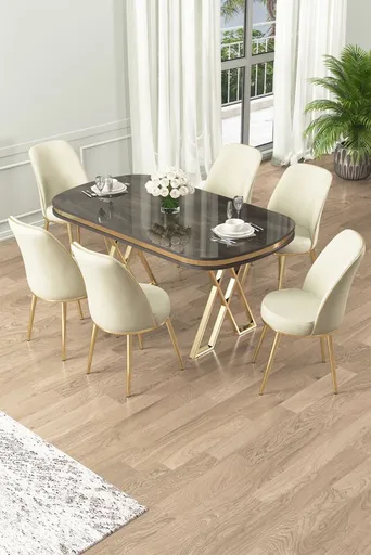 Dining Table & Chairs Set (7 Pieces) Lai - Anthracite, Gold, Cream