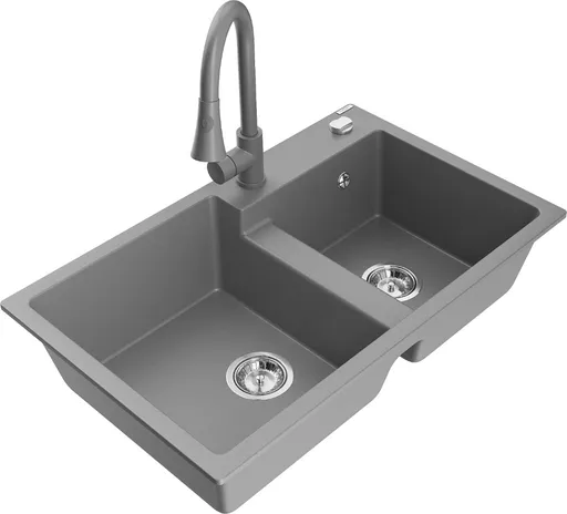 MEXEN/S Tomas granitový dřez 2-bowl včetně baterie Elia, šedá 6516-71-670101-71