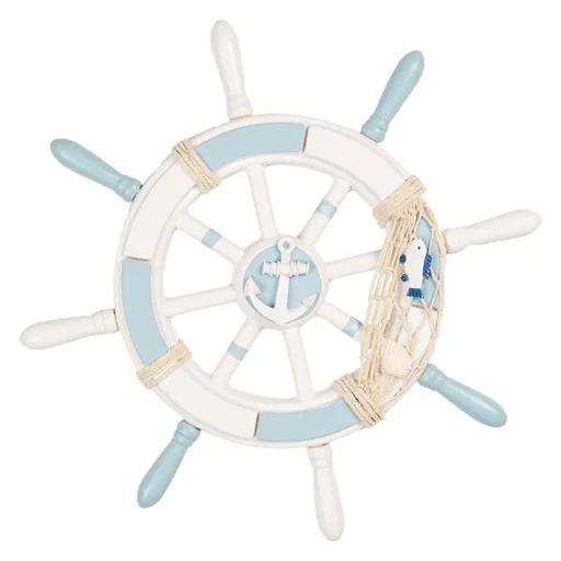 Modro-bílá dřevěná dekorace kormidlo Ship's Wheel Nautic - Ø 34*3 cm 6H2403