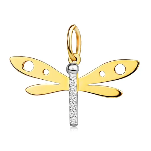 Přívěsek ze 14K kombinovaného zlata - vážka, drobné zirkony, výřezy na křídlech