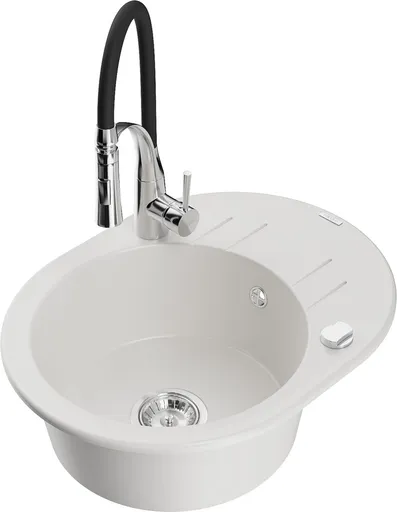 MEXEN/S Kevin granitový dřez s odkapávačem včetně baterie Aster, bílá 6517-20-73450-07