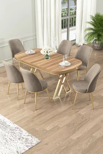 Dining Table & Chairs Set (7 Pieces) Lai - Light Walnut, Gold, Cappuccino