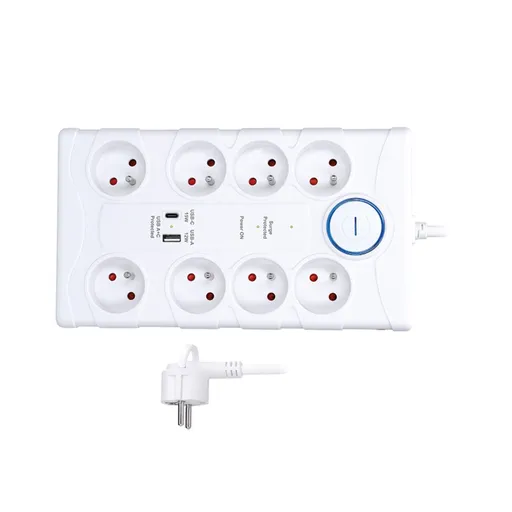 Solight přepěťová ochrana, 8z, USB A+C, 2m, bílá PO80