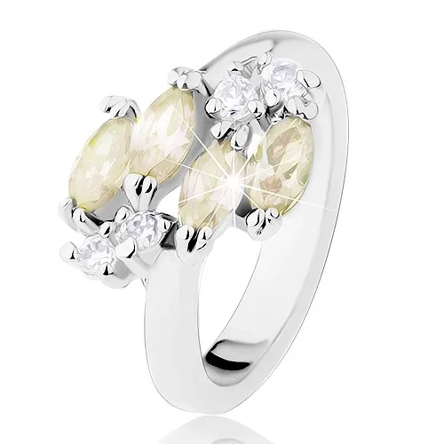 Prsten stříbrné barvy, žlutozelená zirkonová zrníčka, čiré zirkony - Velikost: 50