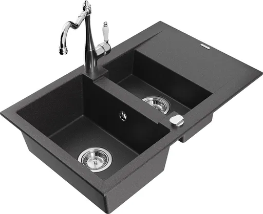 MEXEN/S Gaspar granitový dřez 1.5 s odkapávačem včetně baterie Carla, černá kropenatá 6507-76-670700-00