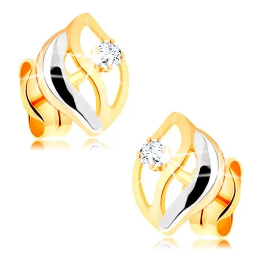 Dvoubarevné náušnice ve 14K zlatě - tři zvlněné linie, kulatý zářivý briliant