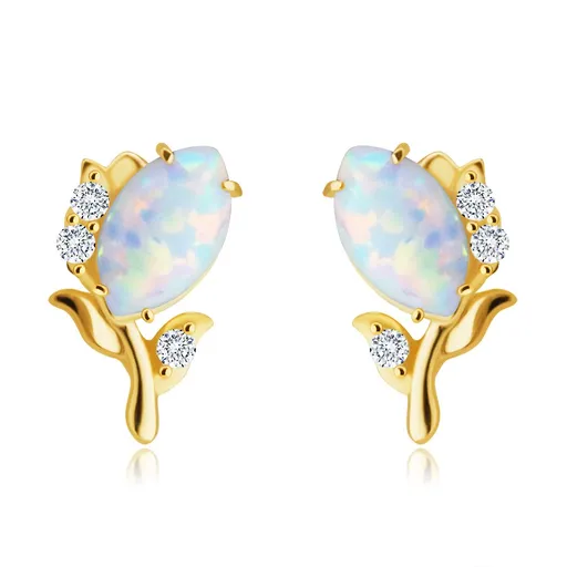 Zlaté 14K náušnice - květ s bílým syntetickým opálem, drobné kulaté zirkony, puzetky