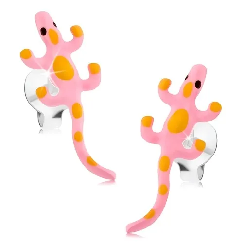 Puzetové náušnice, stříbro 925, světle růžová ještěrka, žluté tečky