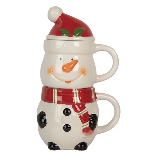 Keramický hrnek sněhulák s víčkem - 13*9*22 cm / 300 ml / 375 ml Clayre & Eef