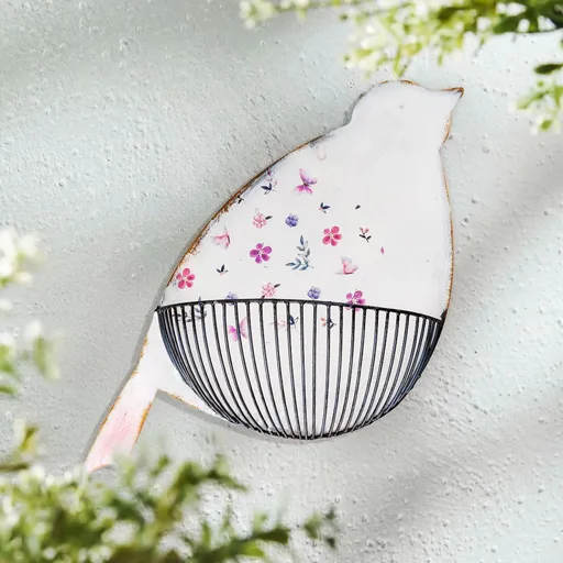 Nástěnná dekorace s košem Ptáček, bílá