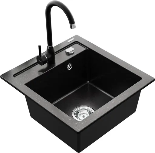MEXEN/S Vito granitový dřez 1-miska včetně baterie Telma, černá/stříbrný metalik 6503-73-670200-70