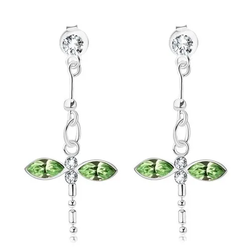 Visací náušnice, stříbro 925, vážka se zelenými a čirými krystaly Swarovski