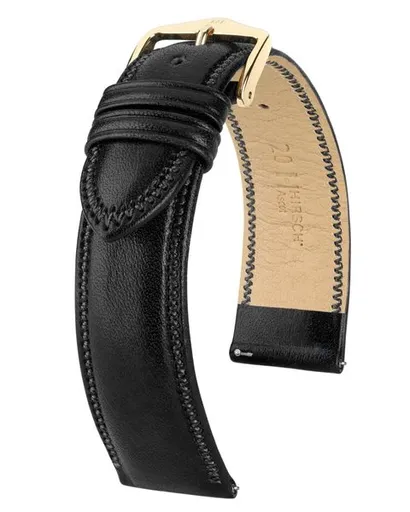 Řemínek Hirsch Ascot - černý, lesk - 20 mm - L – Standardní délka (doporučujeme) - 18 mm - Zlatá