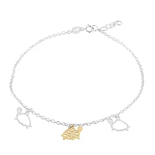 Náramek na nohu ze stříbra 925, tři želvy zlaté a stříbrné barvy