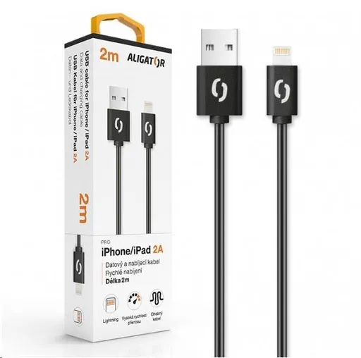 Aligator datový a nabíjecí kabel, konektor Lightning, 2A, 2m, černá
