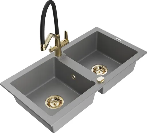 MEXEN/S Mario granitový dřez 2-bowly včetně baterie Duo, šedá 6504-71-671701-57-G