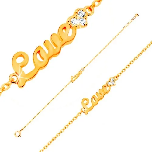 Zlatý náramek 585 - nápis Love a zářivé zirkonové srdce, tenký řetízek, 185 mm