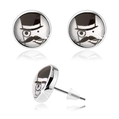 Náušnice typu kabošon, vypouklá glazura, černobílý obrázek - muž v klobouku