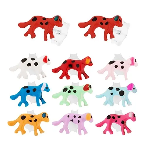 Puzetové náušnice - stříbro 925, kráčející puntíkovaný pejsek, barevná glazura - Barva: Modrá