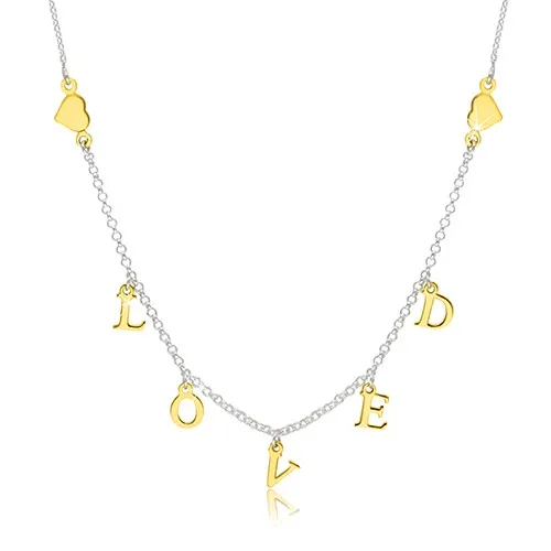 Stříbrný 925 náhrdelník - lesklá srdíčka a nápis "LOVED" ve zlatém odstínu