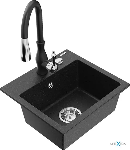 MEXEN/S Milo granitový dřez 1-miska včetně baterie Savita, černá/stříbrná metali 6505-73-672601-70