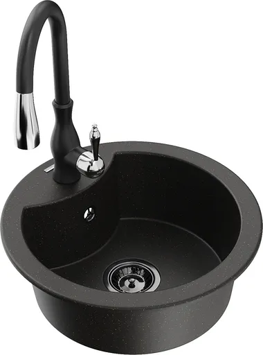 MEXEN/S Diego granitový dřez 1-miska včetně baterie Savita, černá/zlatá metalik 6512-75-672601-70-B